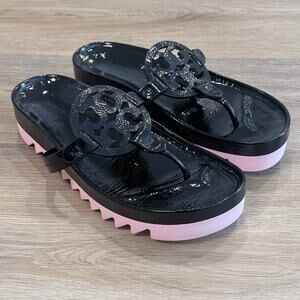 Tory Burch Miller Cloud Lug Sandals Women’s 9 Patent Leather Black Pink EUC